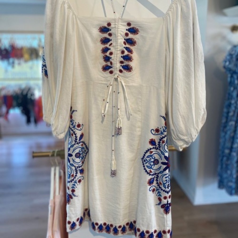 Farm Rio Off White Navy Embroidery Mini Dress